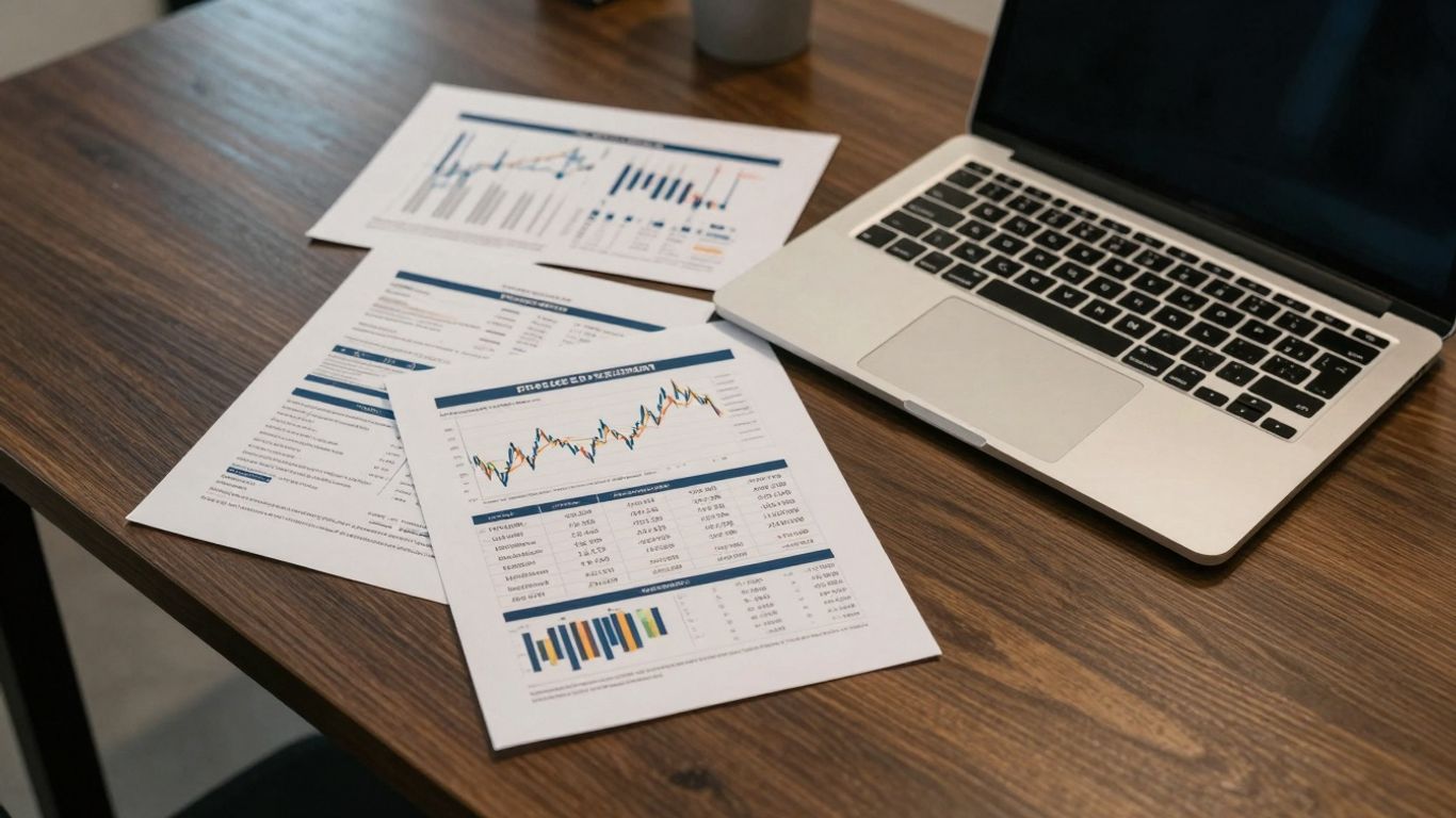 Modern desk with financial documents and laptop.