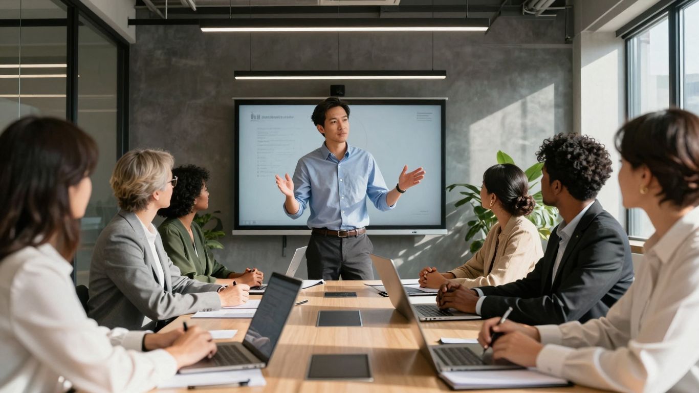 Venture capitalists in a modern boardroom discussing strategy.