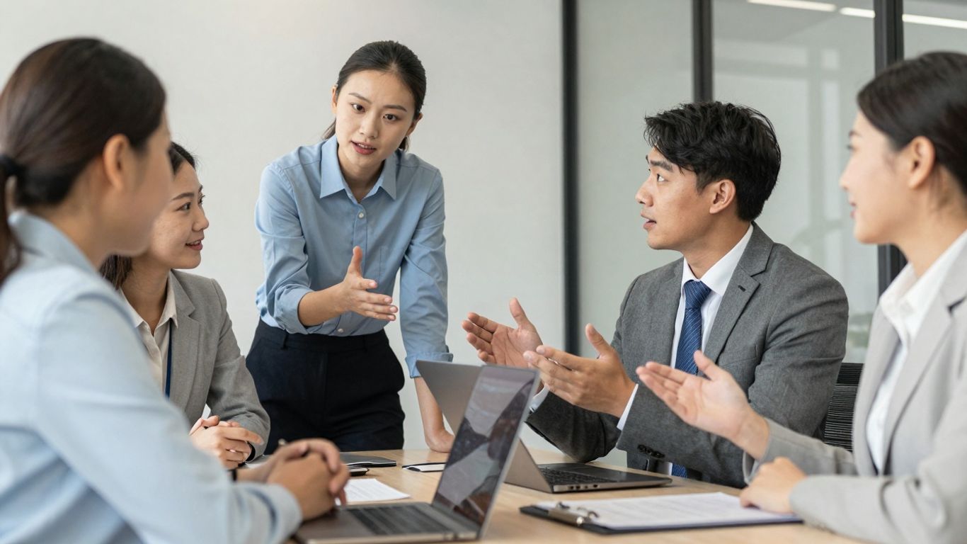 Business professionals collaborating in a modern office.