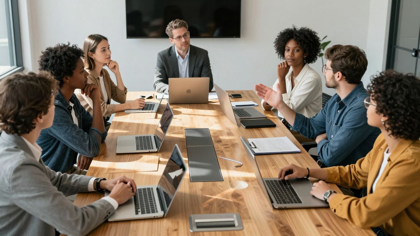 Venture capitalists in a meeting discussing strategy.