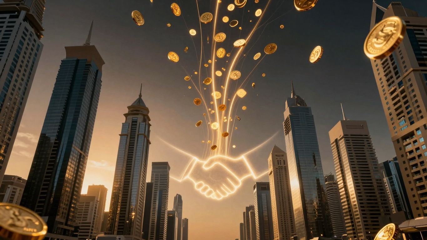 Dubai skyline with golden investment flowing in.
