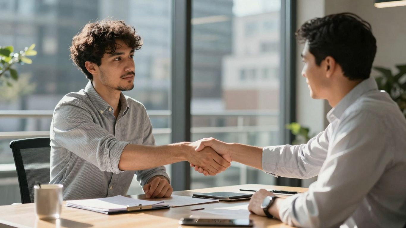Founder and VC shaking hands in a modern office.