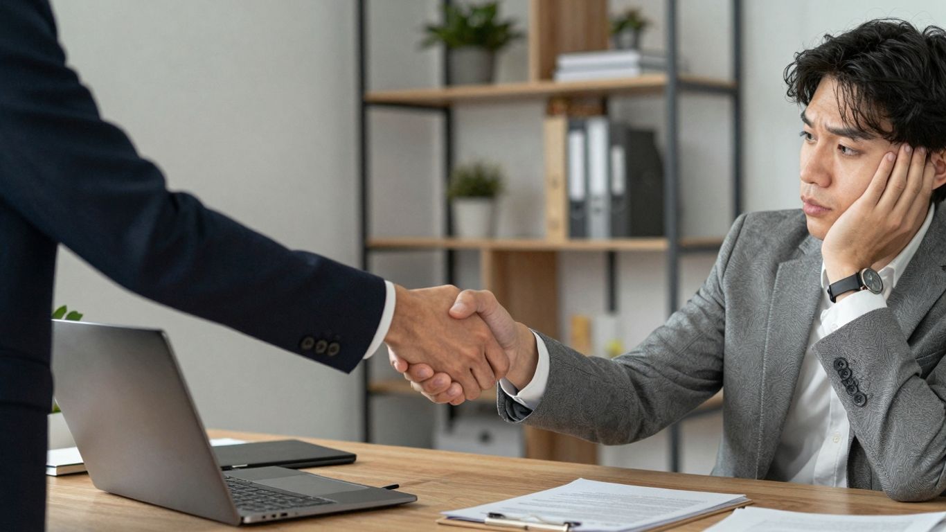 Business handshake with a hint of hesitation.