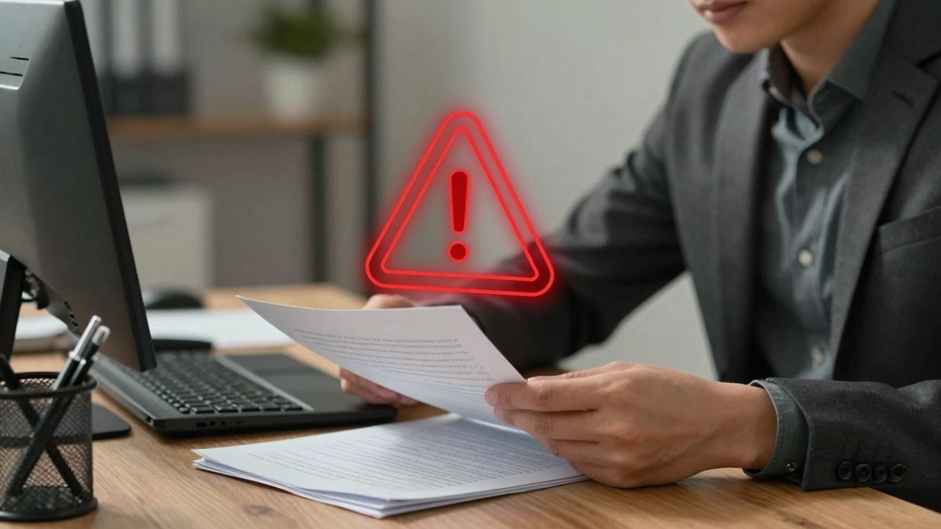 Person reviewing documents with a subtle red warning symbol.
