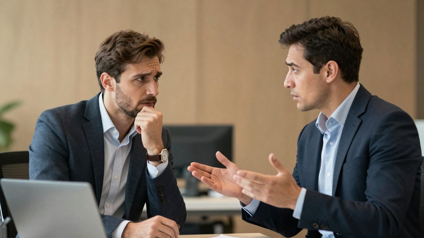 Business partners in tense discussion, modern office setting.