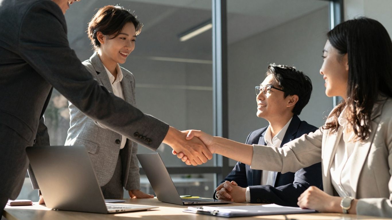 Handshake in a modern office, symbolizing partnership and success.