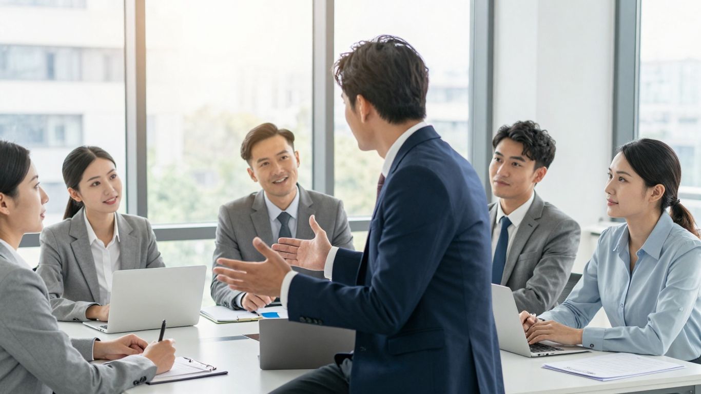 Business professionals collaborating in a modern, sunlit office.