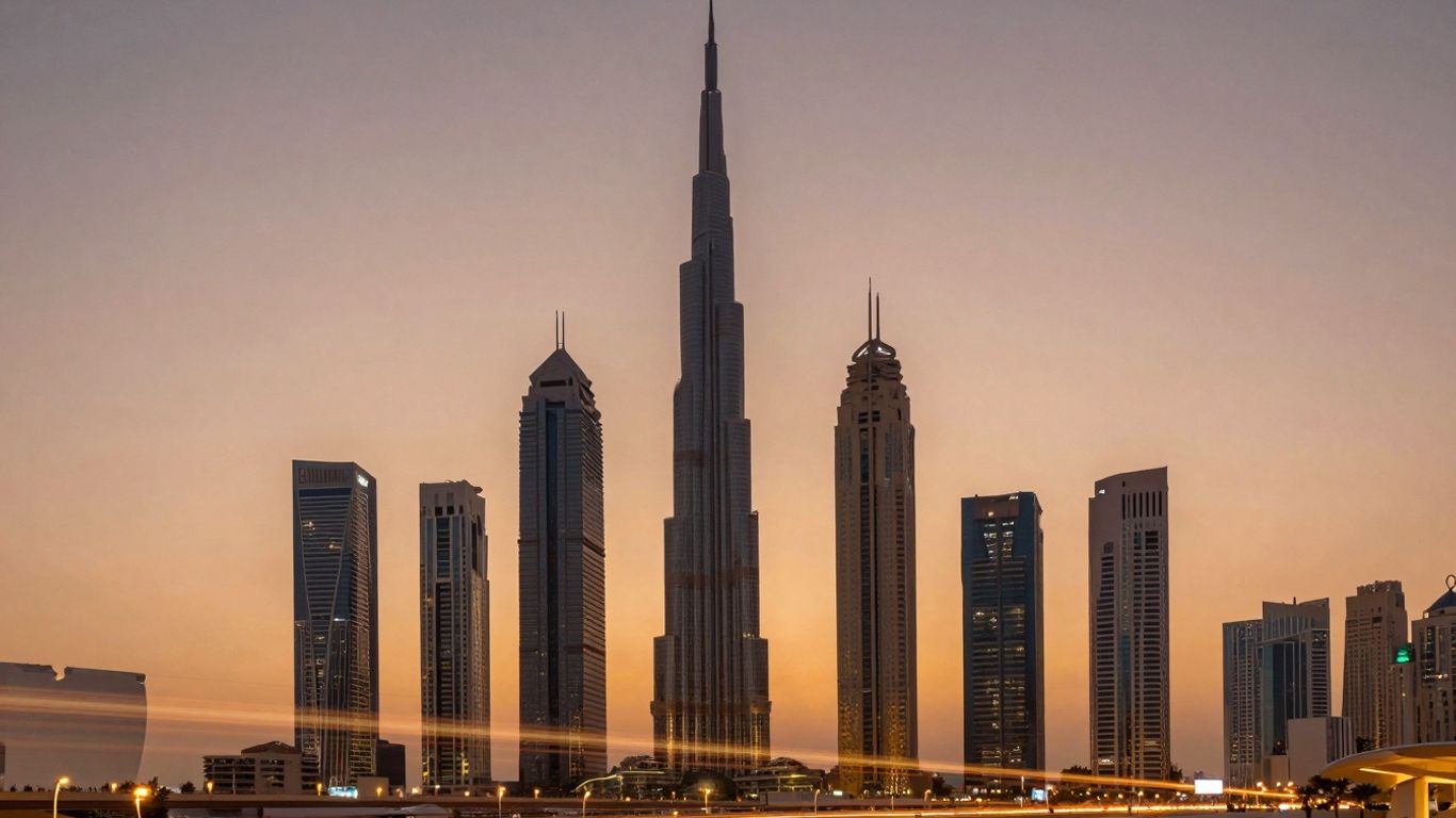 UAE cityscape with modern skyscrapers at sunset.