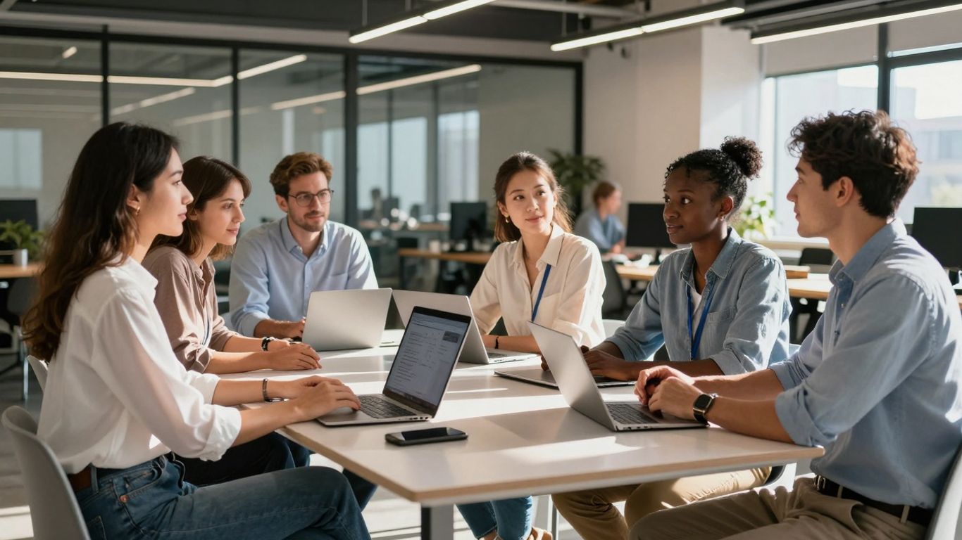 Entrepreneurs collaborating in a modern co-working space.