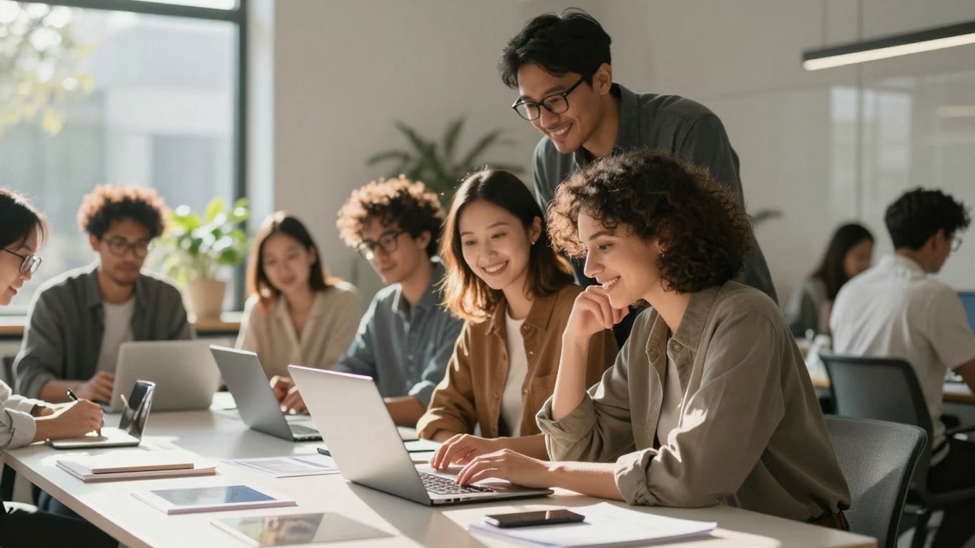 Entrepreneurs collaborating in a modern, sunlit workspace.