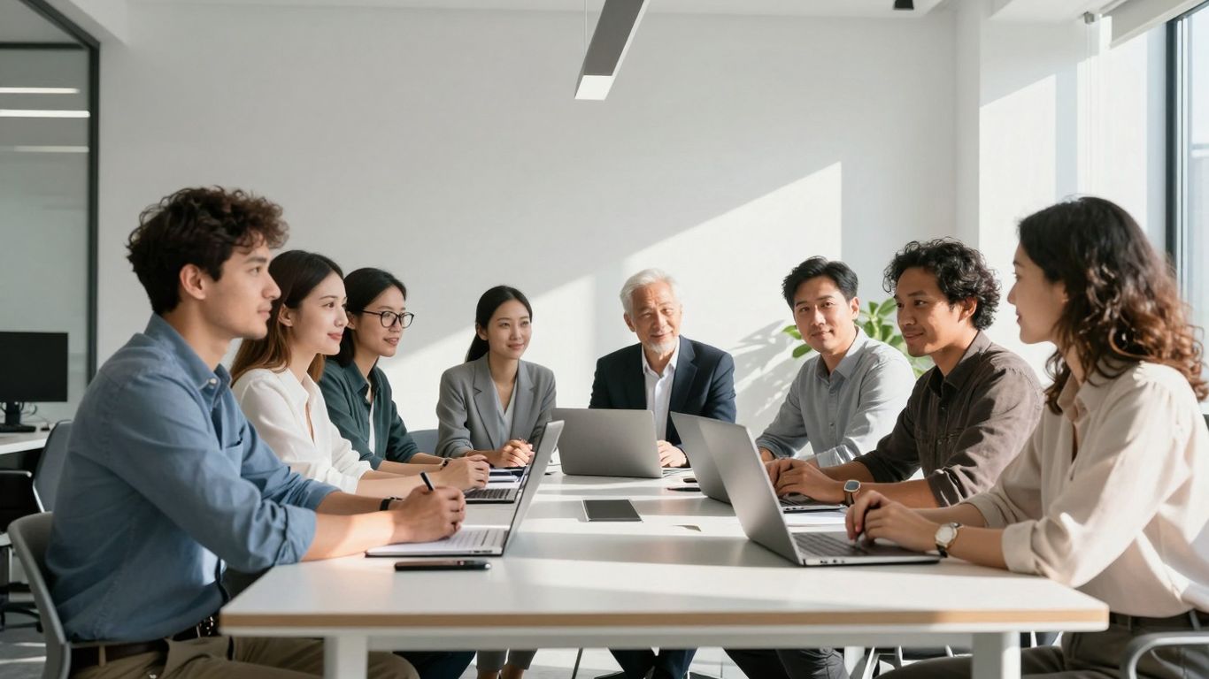 Entrepreneurs collaborating in a modern, bright office space.
