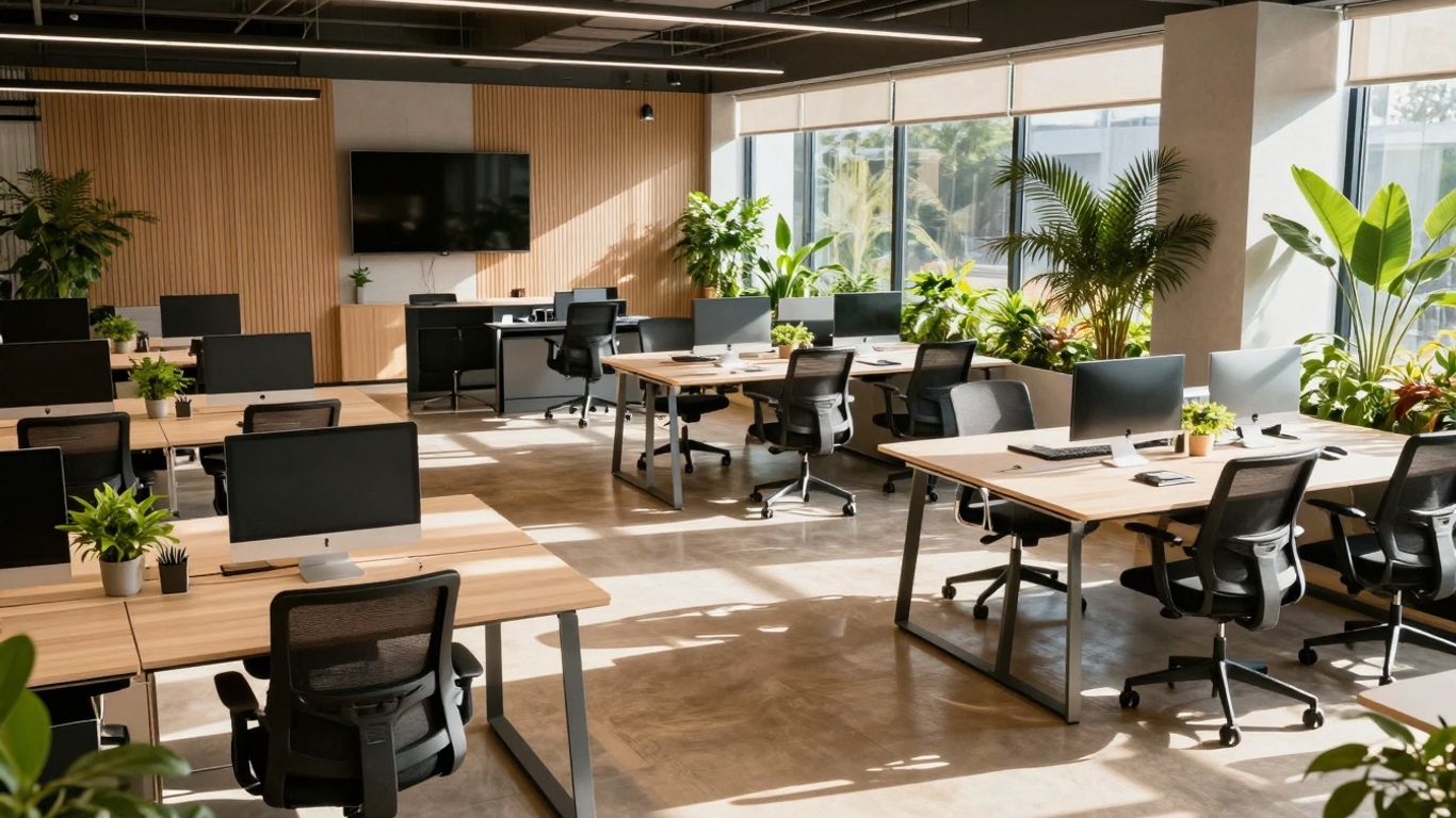 Modern co-working space with natural light and plants.