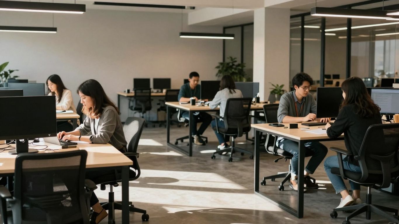 Modern co-working space with natural light and collaborative atmosphere.