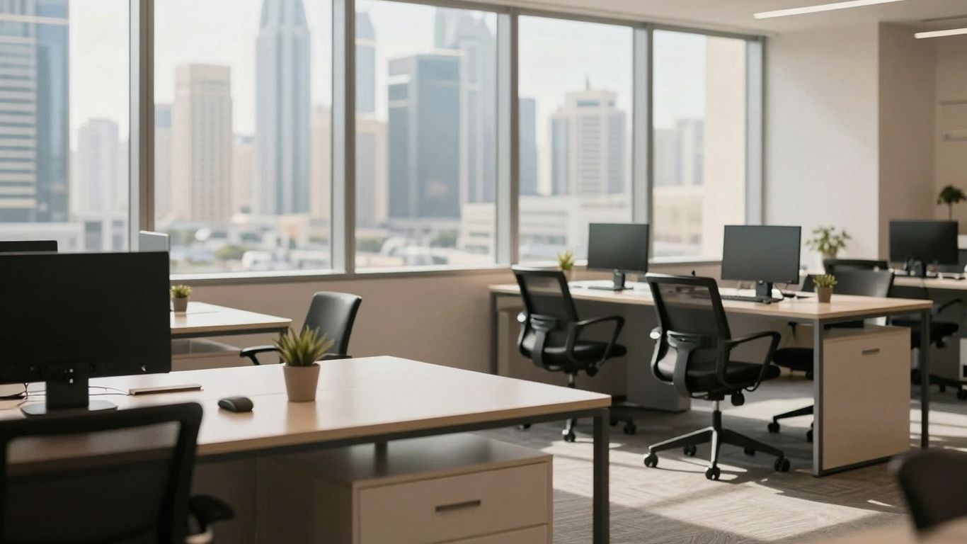 Modern co-working space with Dubai skyline view.