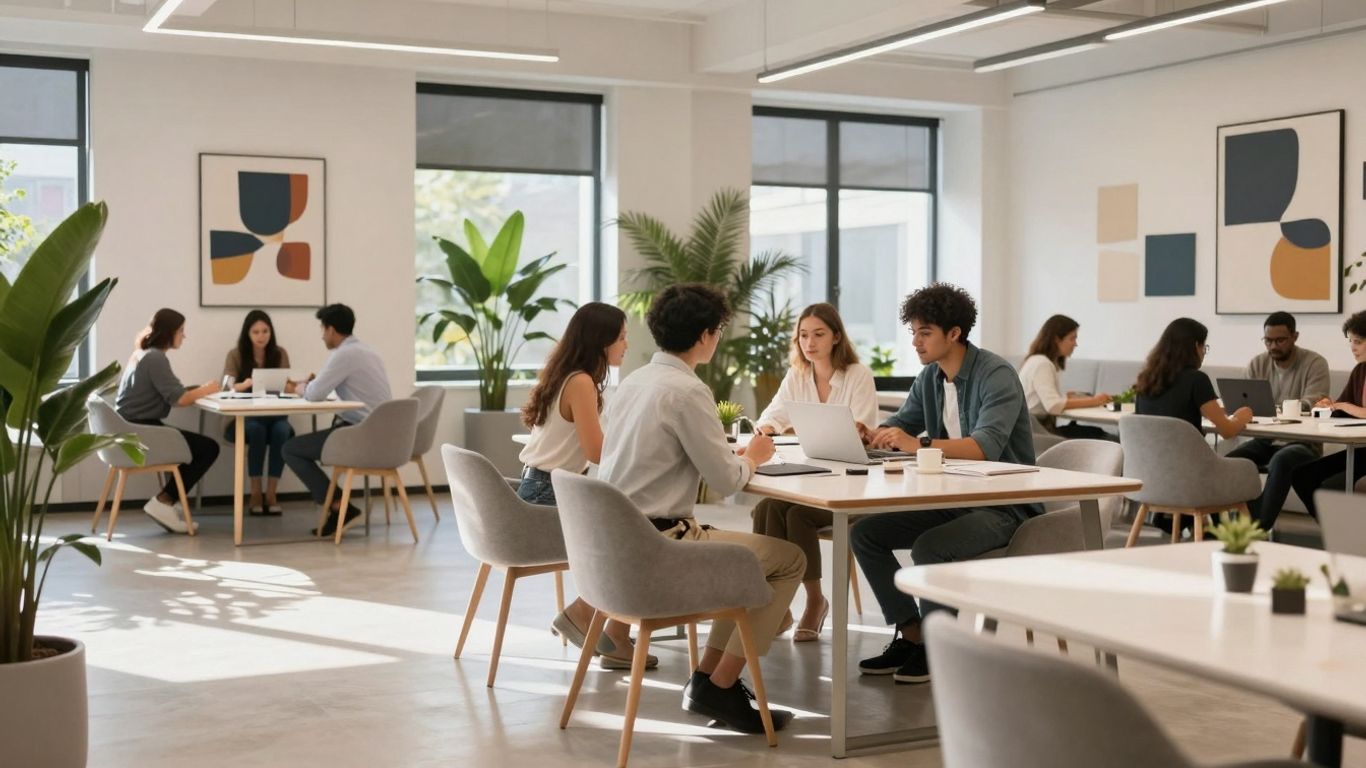 Modern co-working space with professionals collaborating.