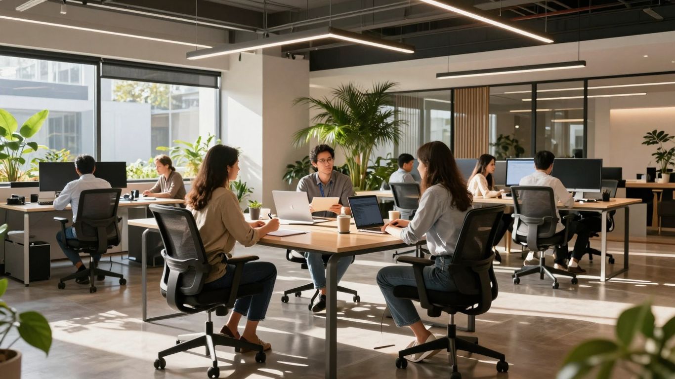 Modern co-working space with professionals collaborating.