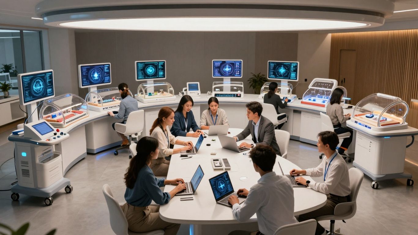 Incubator space with AI interfaces and collaborating individuals.