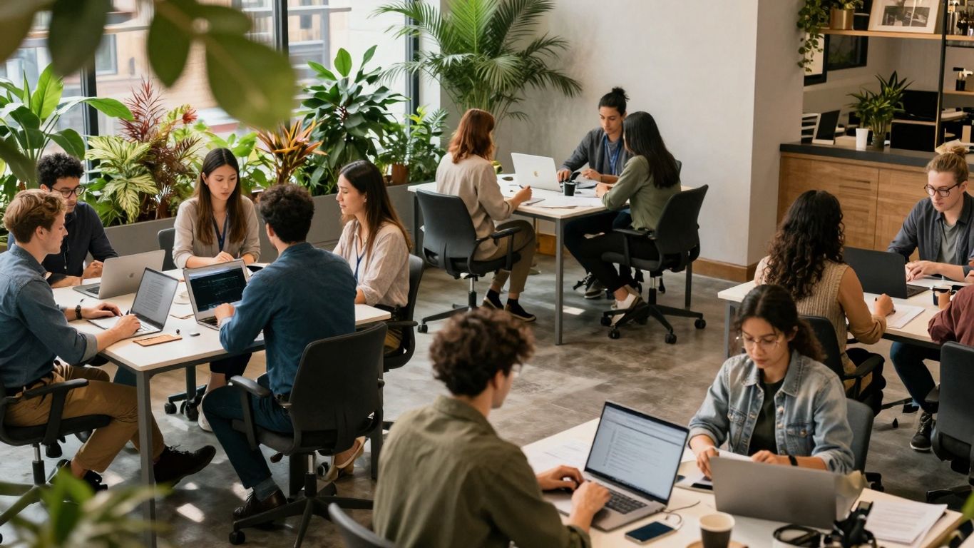 Abu Dhabi entrepreneurship hub with modern workspace and collaborators.