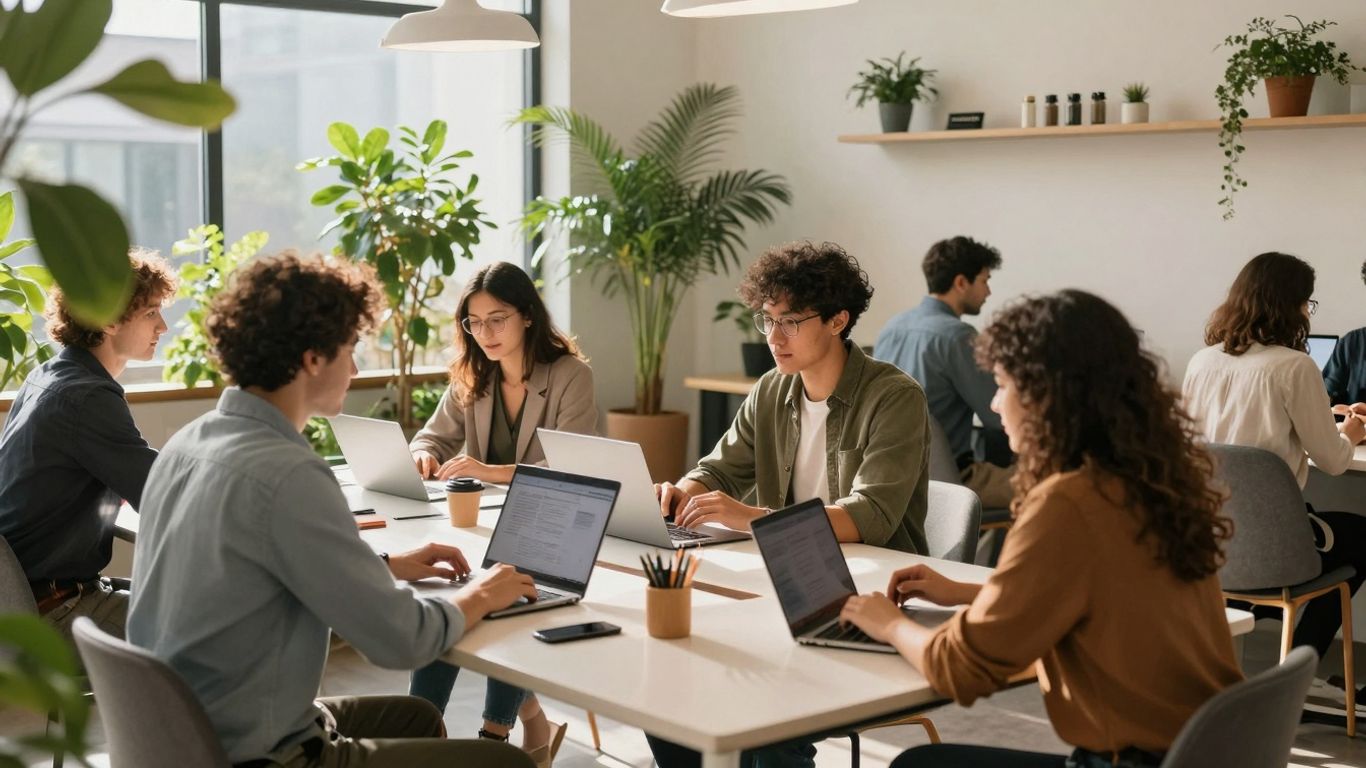 People collaborating in a modern, bright co-working space.