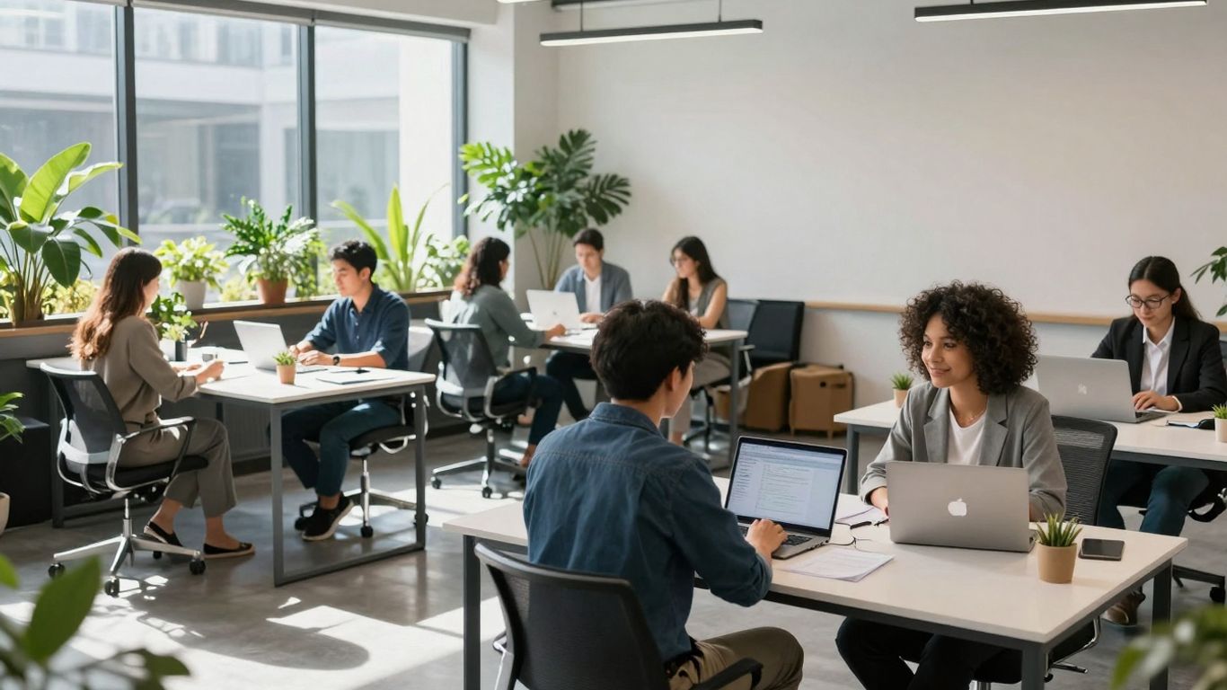 Modern co-working space with people collaborating.