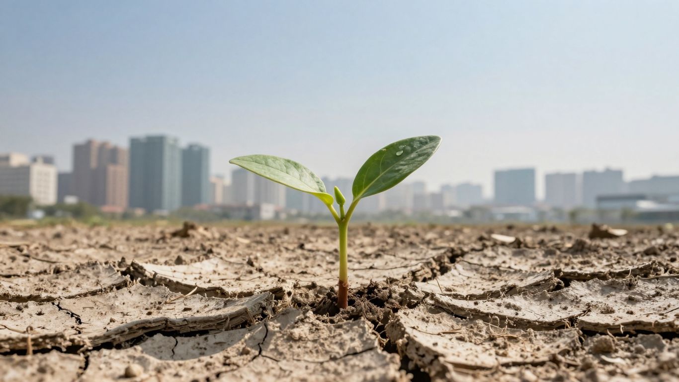 Seedling growing in dry earth near city