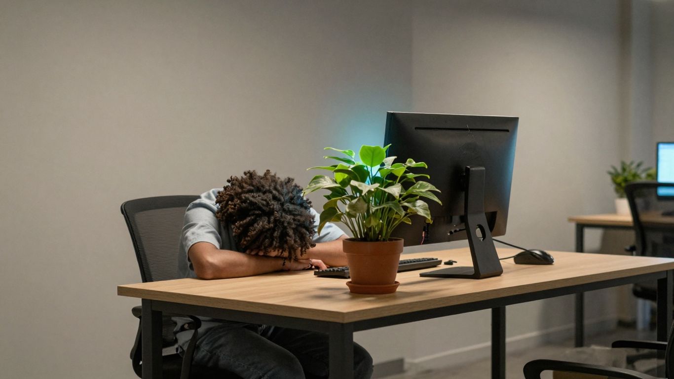 Startup office with wilting plant and cracked monitor.