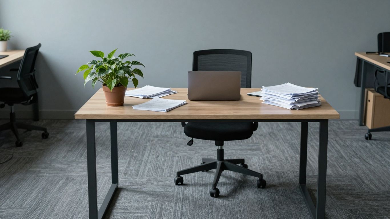 Startup office with wilting plant and scattered papers.