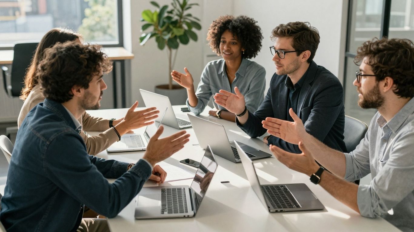 Entrepreneurs collaborating in a modern, sunlit office space.
