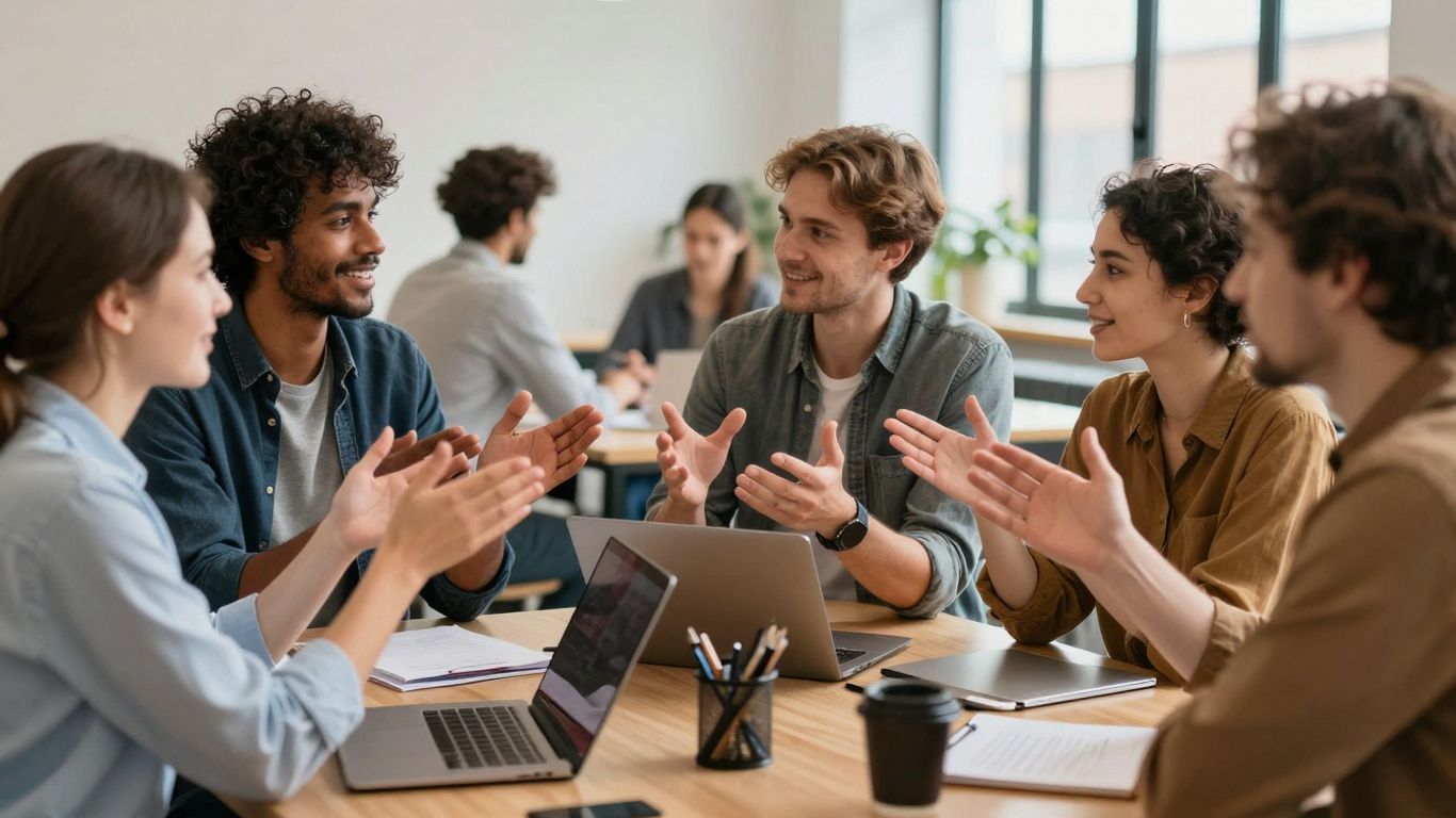 Diverse professionals collaborating in a modern workspace.