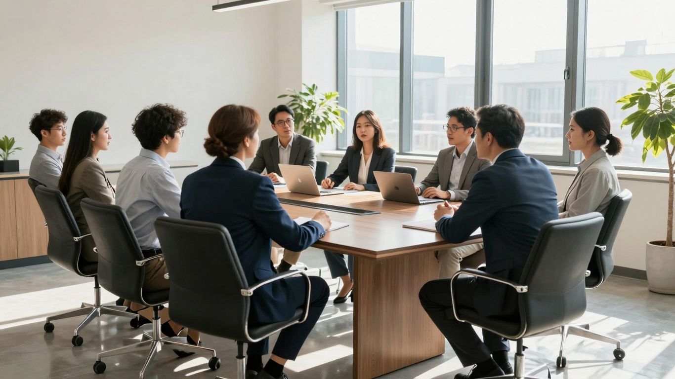 Investors and entrepreneurs in a modern meeting room.