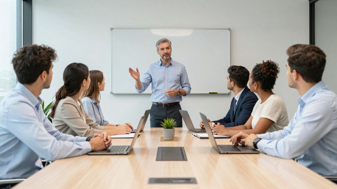 Investors listening intently during a business pitch presentation.