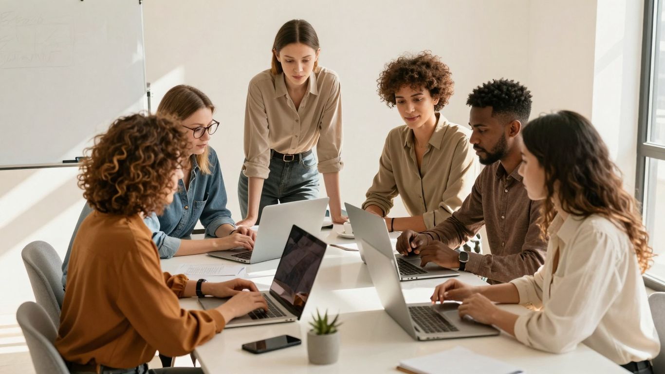 Startup team collaborating in a modern, sunlit office.