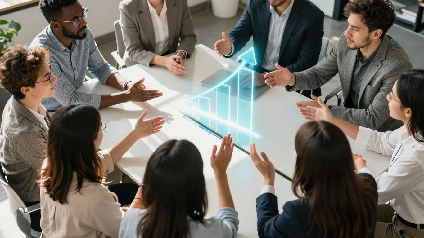 Diverse professionals in a modern office, discussing growth.