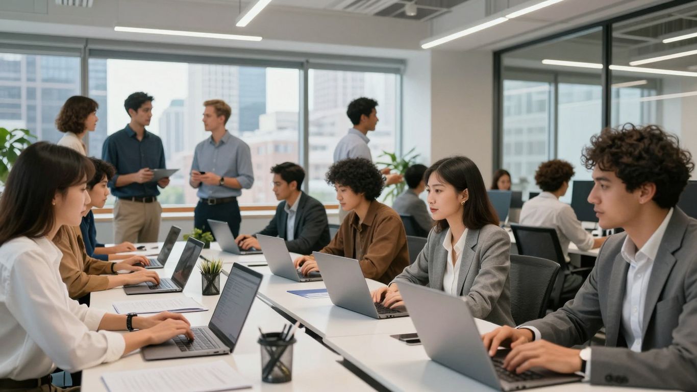 Diverse professionals collaborating in a modern, bright workspace.