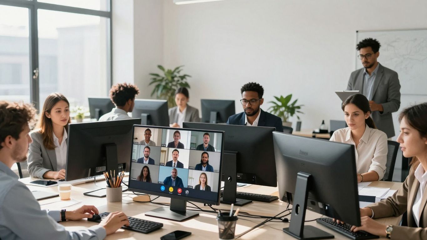 Diverse professionals collaborating remotely and in-person.