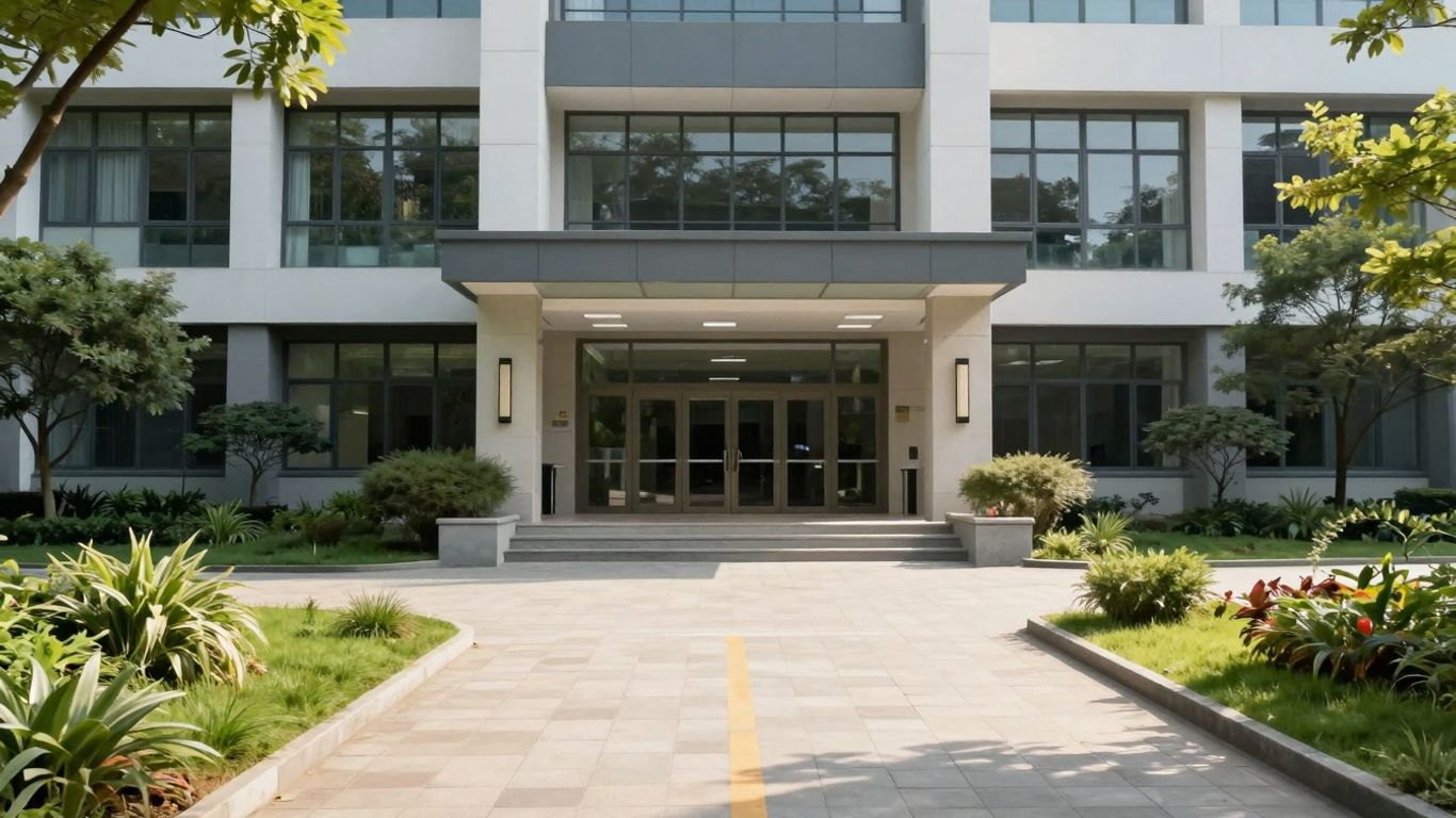 Modern university building with sunny entrance and green landscaping.