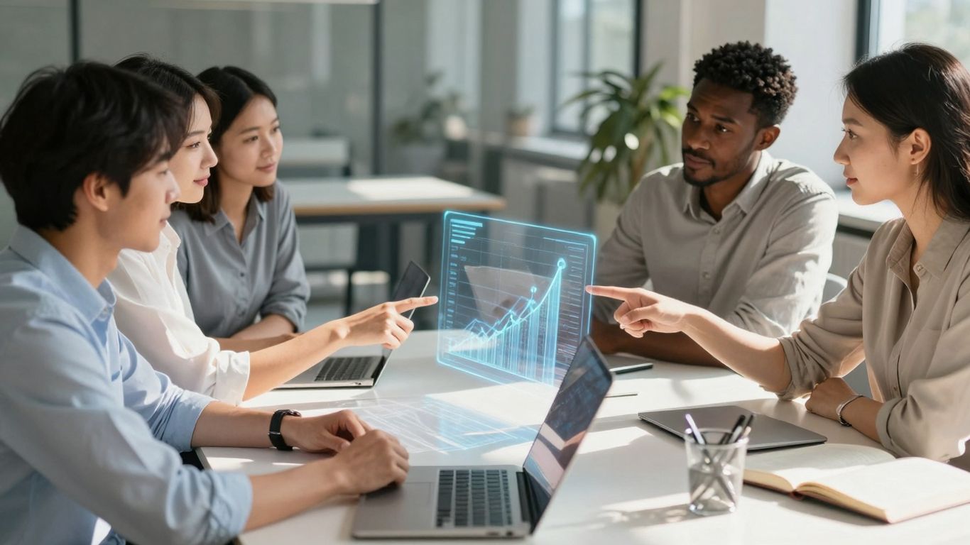 Professionals discussing growth patterns in a modern office.