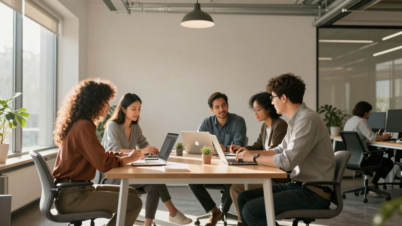 Diverse team collaborating in a modern, sunlit office.