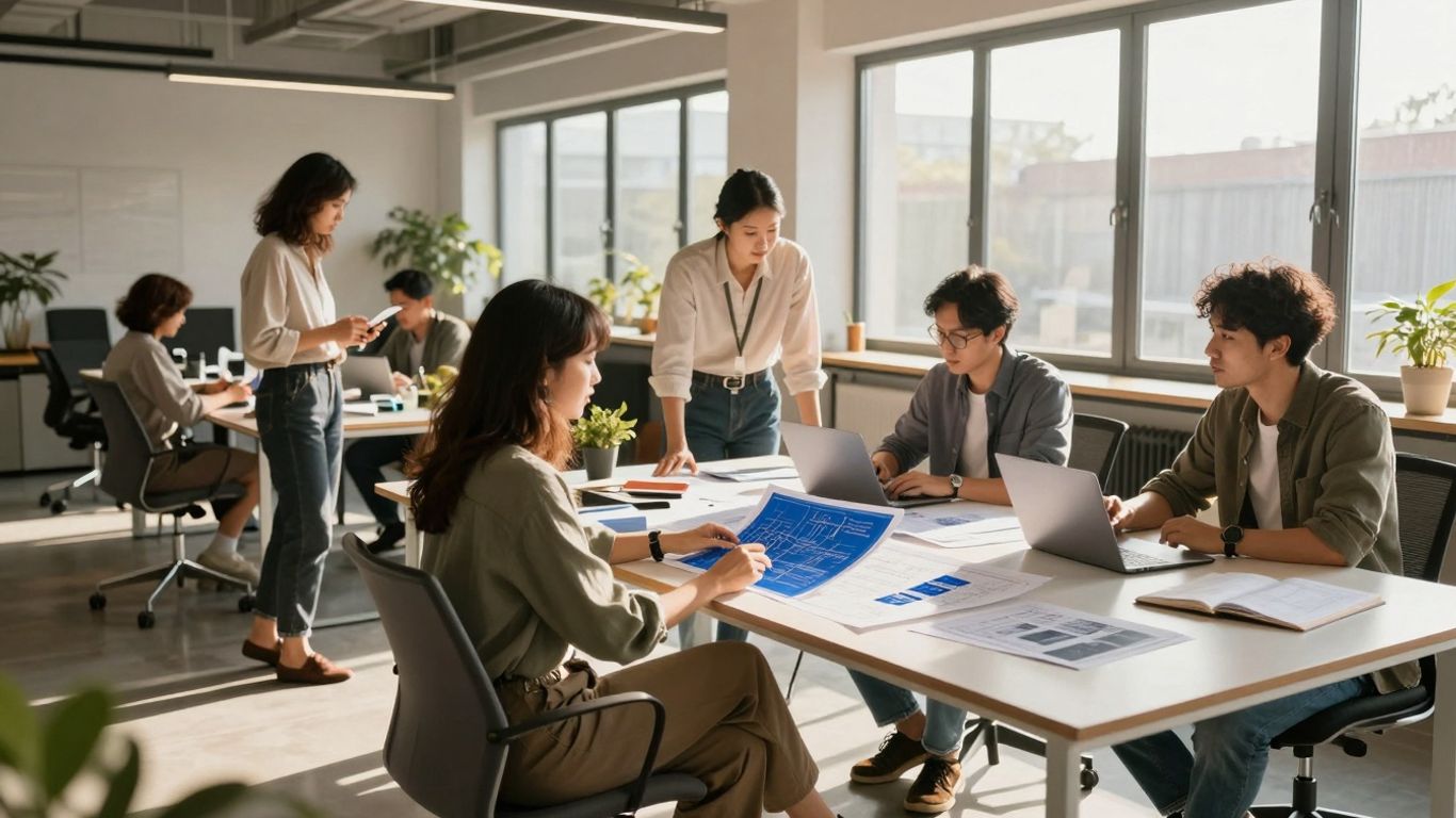 Diverse team collaborating on innovation in a modern office.