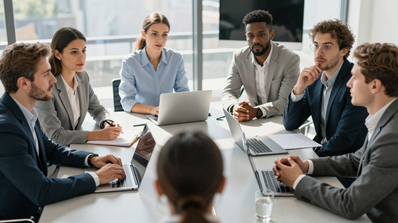 People collaborating in a modern accelerator program setting.