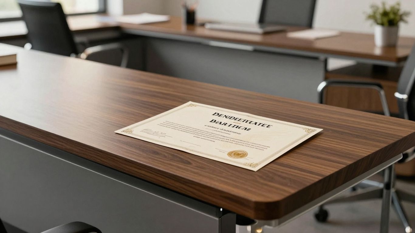 Bond certificate on a modern desk.