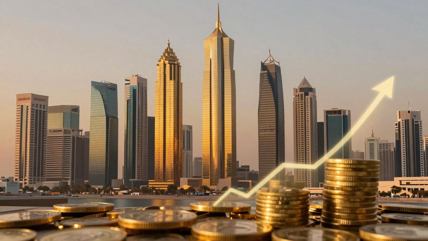 UAE skyline with golden coins and growth charts.
