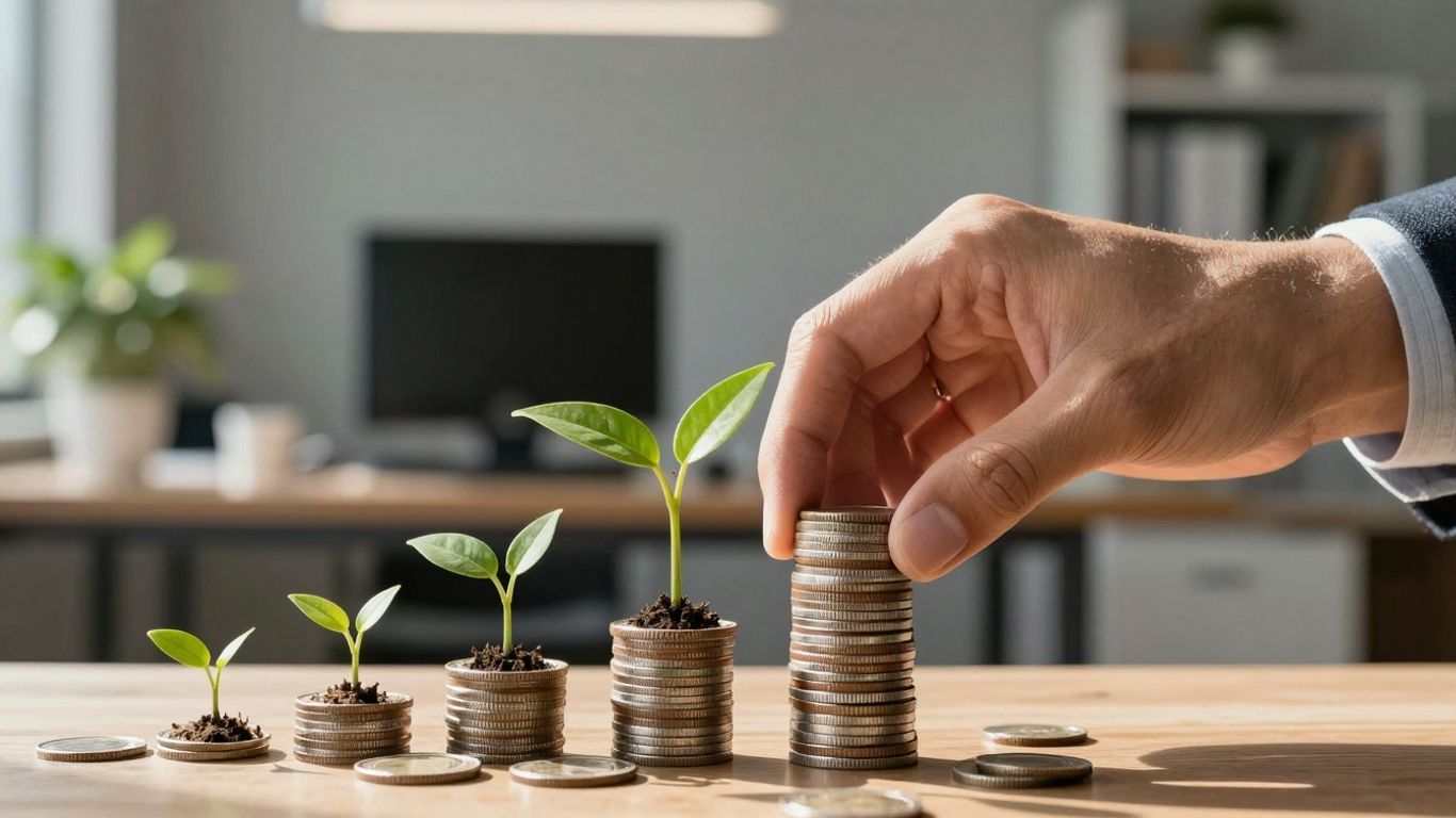 Coins on a growing plant, symbolizing financial growth.