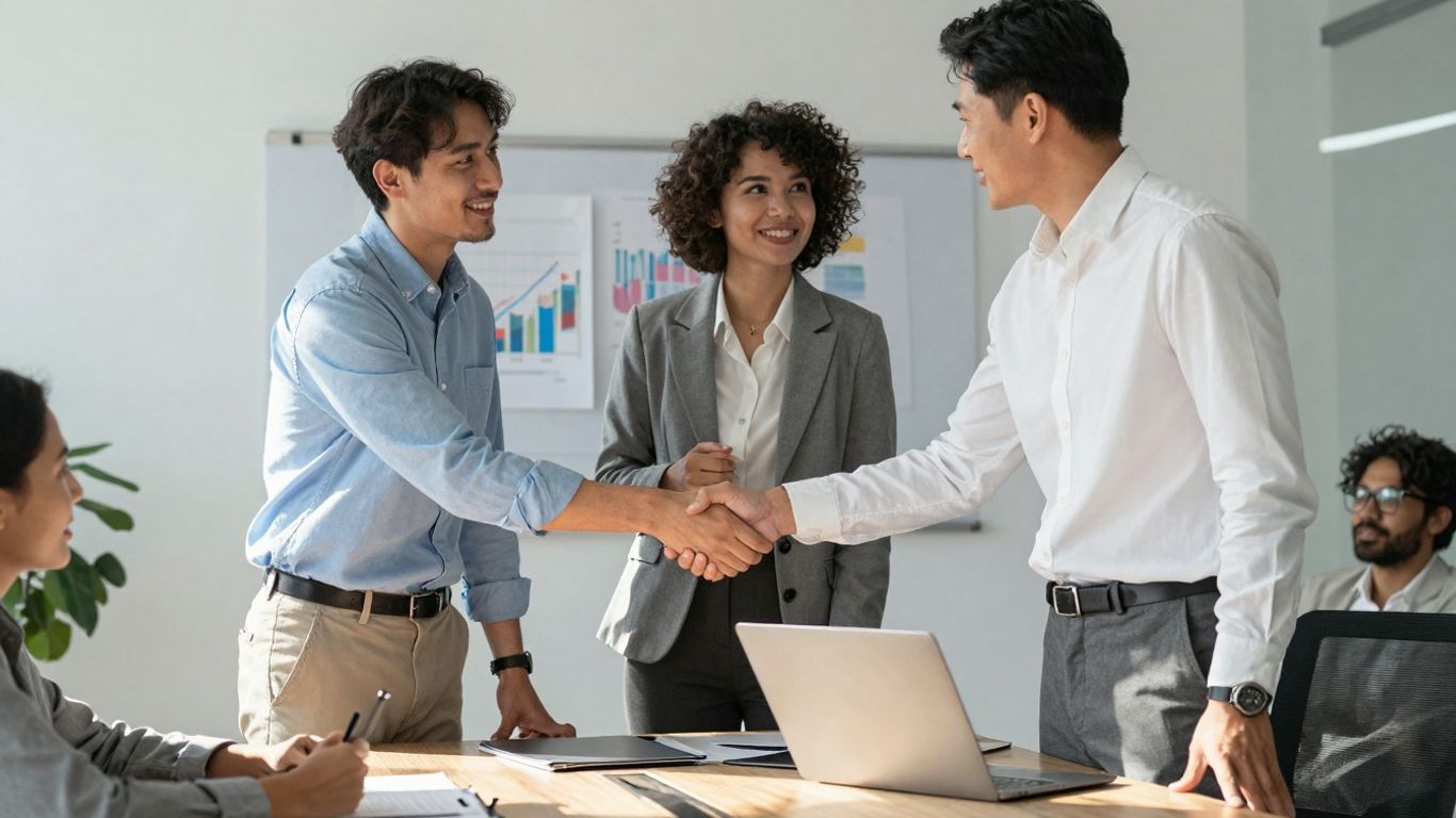 Business professionals shaking hands, symbolizing growth capital.