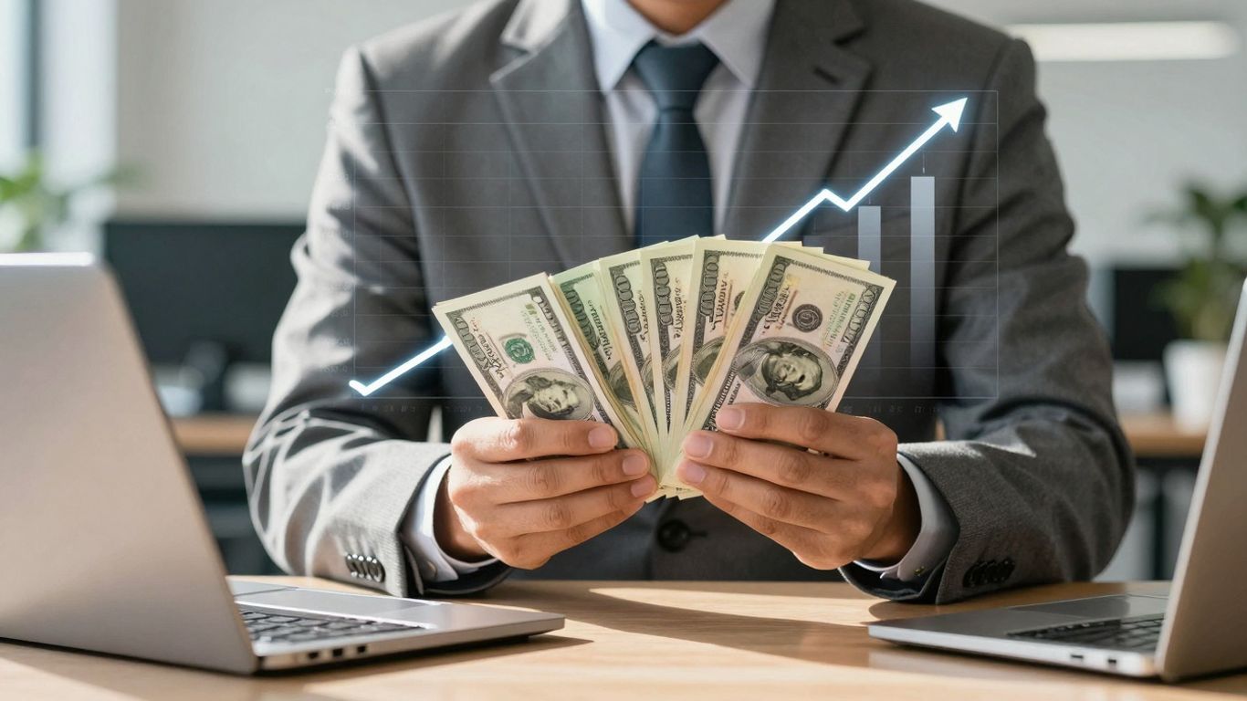 Businessperson with cash and growth chart.