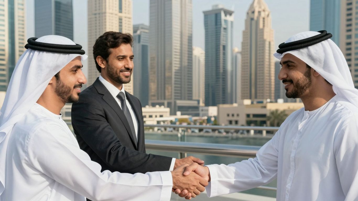 Handshake between business partners, Dubai skyline background.