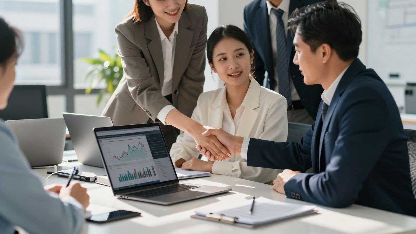 Startup founders discussing credit lines in a modern office.
