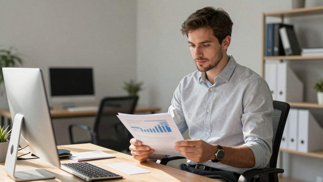Founder reviewing financial documents in a modern office.