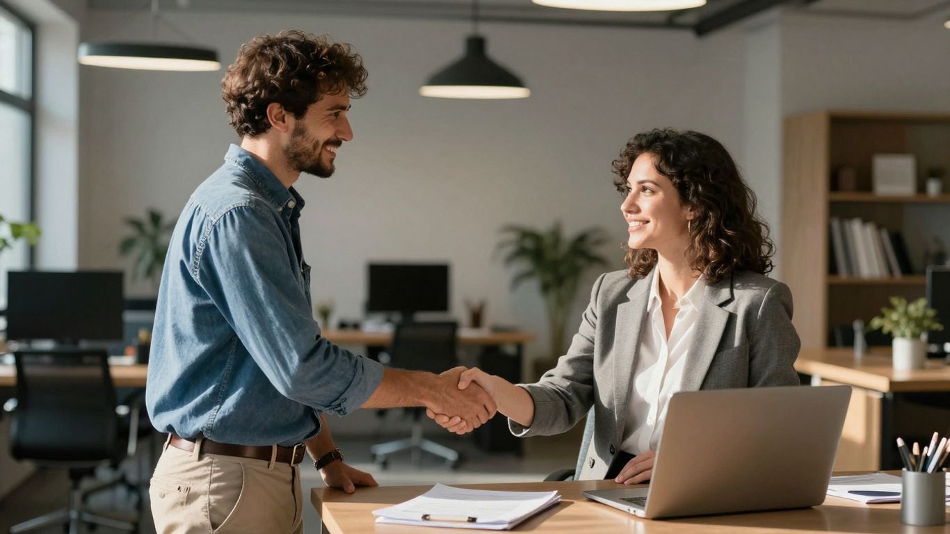 Founder and lender shaking hands in a modern office.