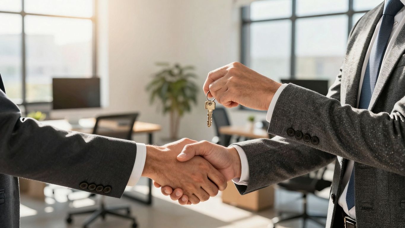 Business professionals shaking hands over a building key.